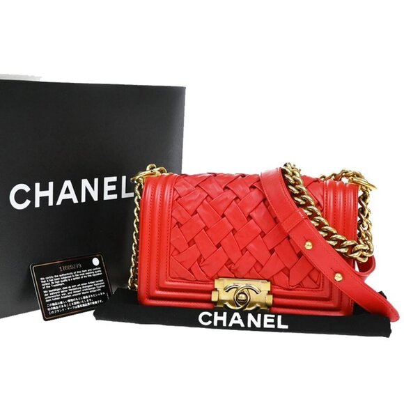 CHANEL Boy CC Logo Chain Shoulder Bag Leather Red France - Picture 1 of 14